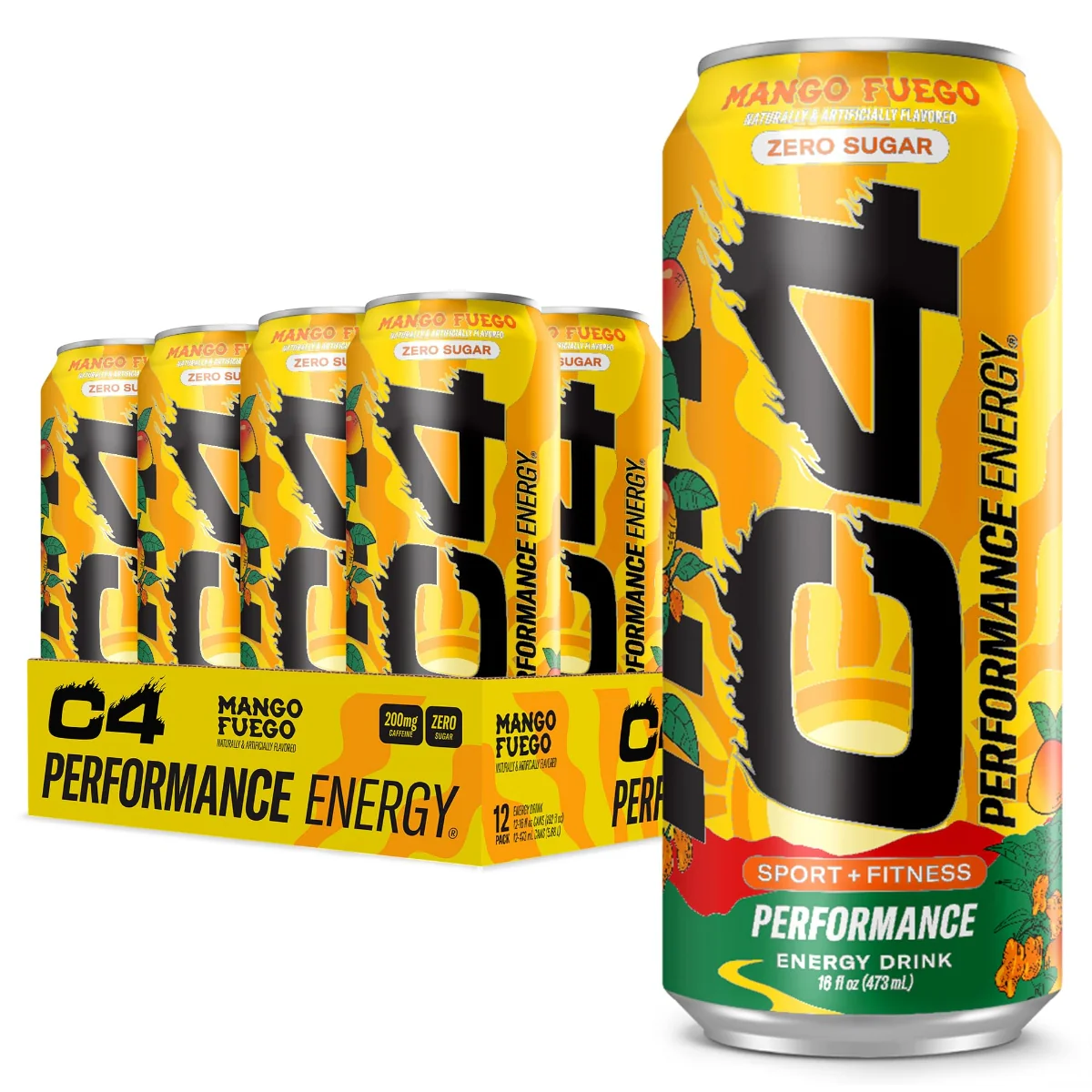 C4 Zero Sugar Mango Fuego Energy Drink Case of 12 (12 x 473ml)
